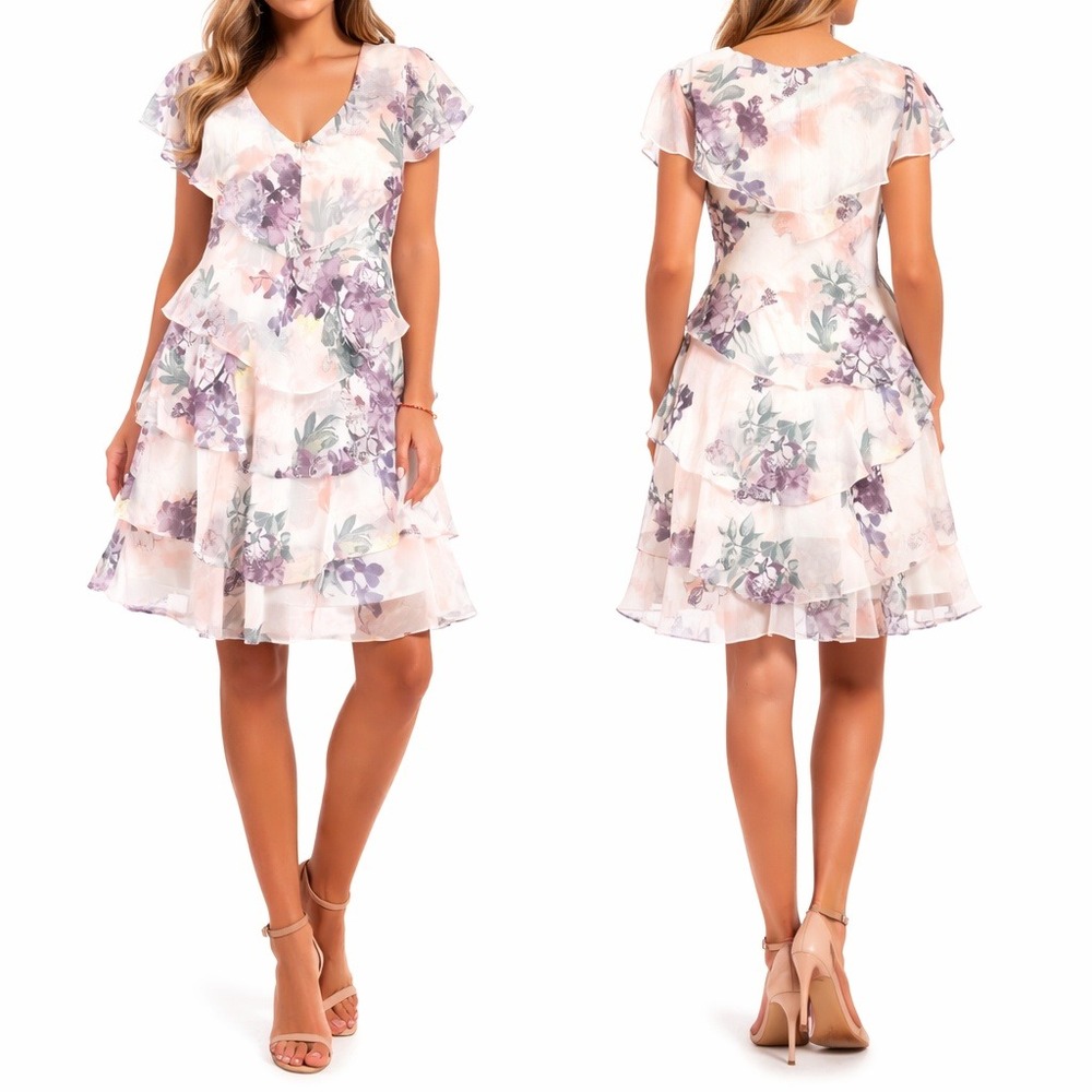 SLNY Floral Tiered Chiffon Flutter Sleeve Dress Women 10 Pastel Purple Spring